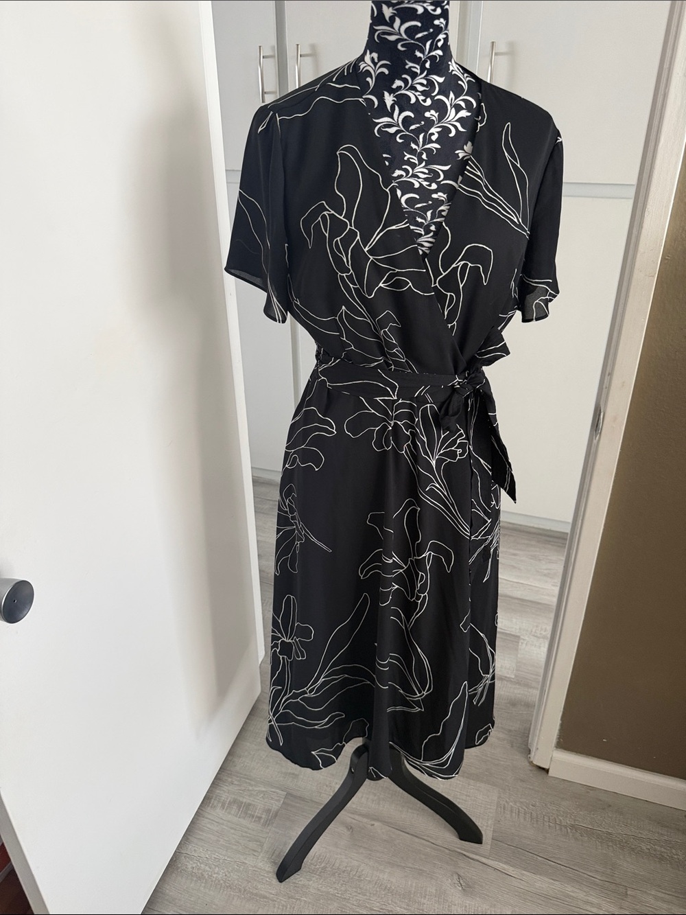 Alfani Black Maxi Wrap Dress with White Floral Line Print